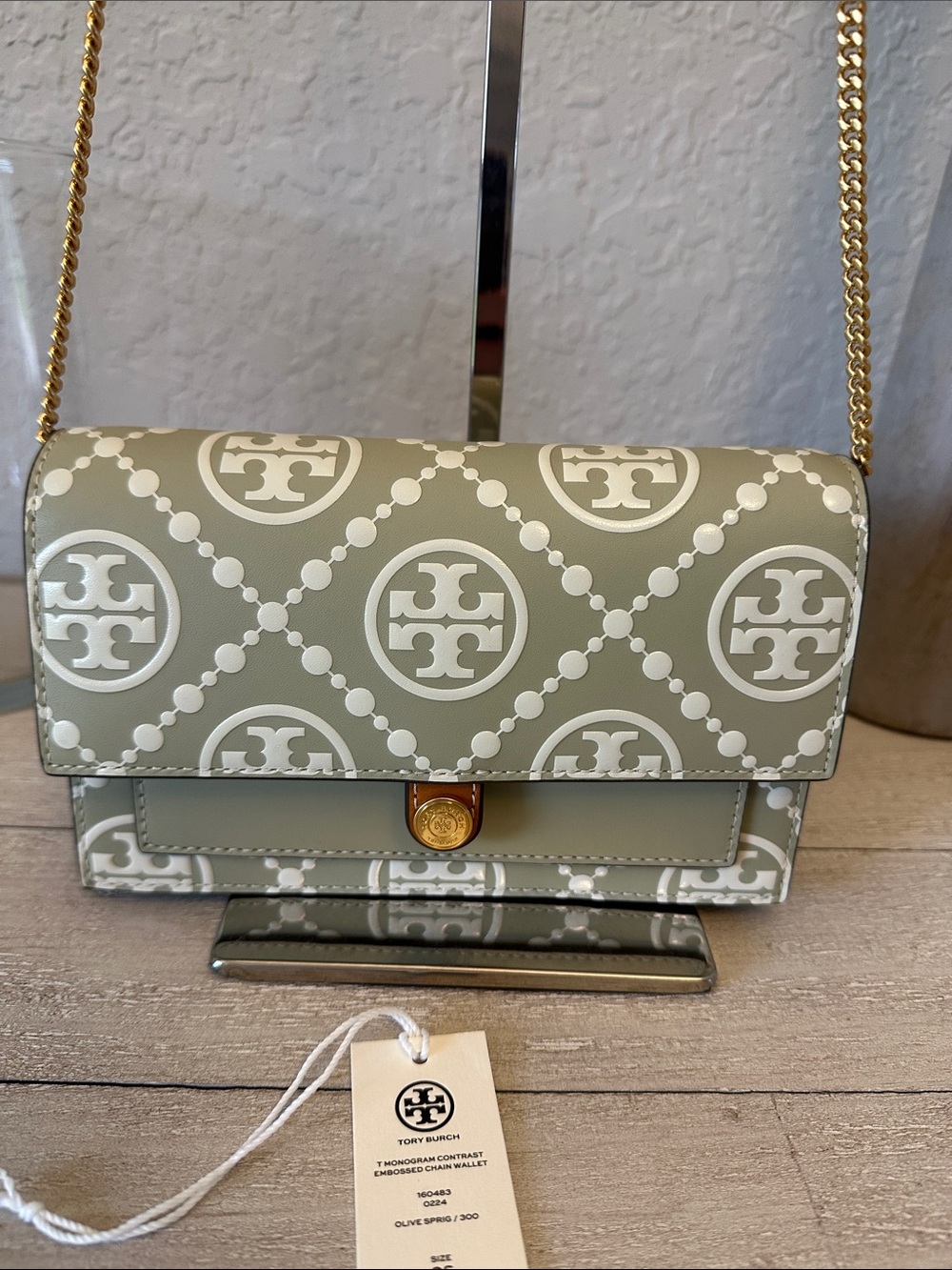 Tory Burch T Monogram Embossed Chain Wallet Olive Sprig New
